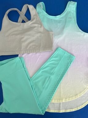 Gap Kids Girls 14 Gapfit Green Legging 2in1 Tank Bra Outfit Lot of 3 WORN ONCE